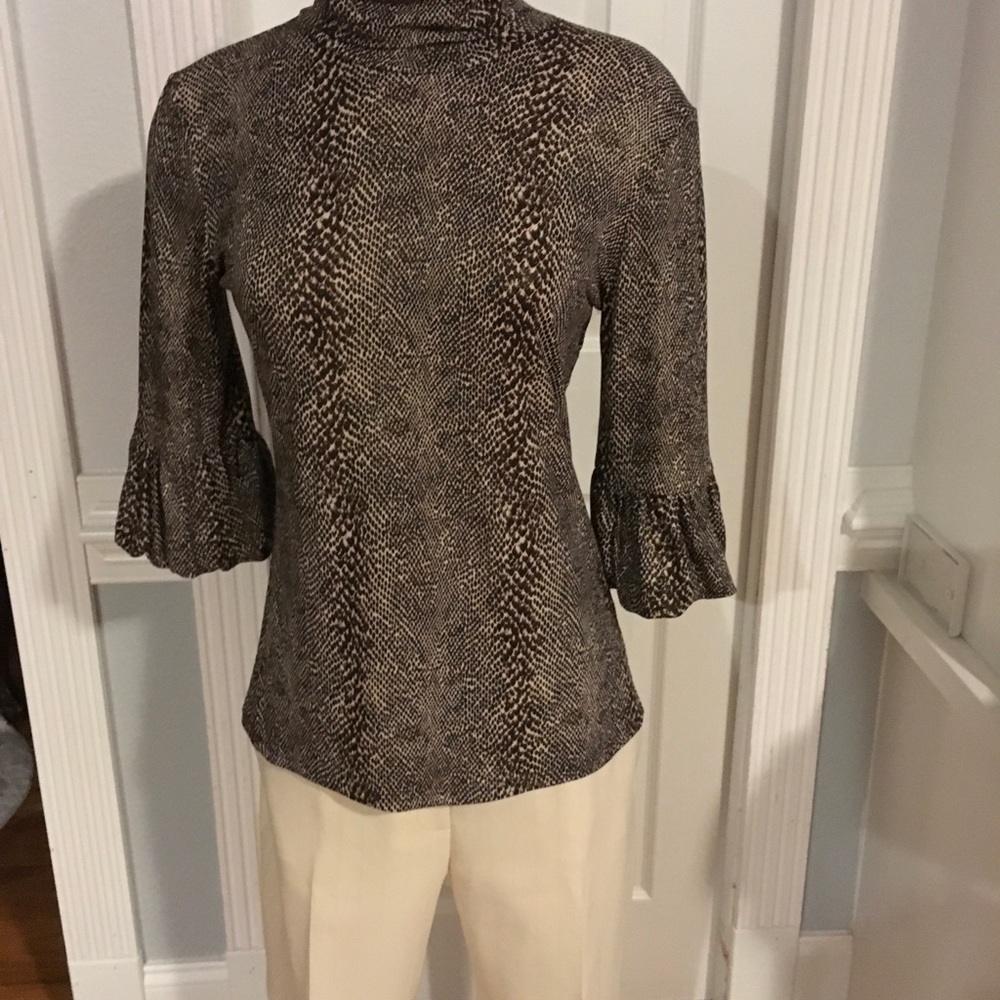 INC Brown/Cream Elegant Turtleneck Women Blouse M